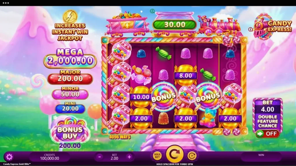 Candy Express Gold Blitz স্লট গেমের রঙিন ইন্টারফেস